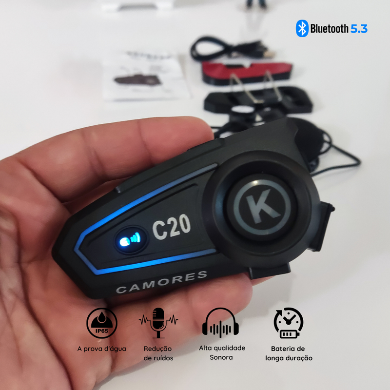 C20 Fone Bluetooth para capacete Microfone Luz Led Bateria longa